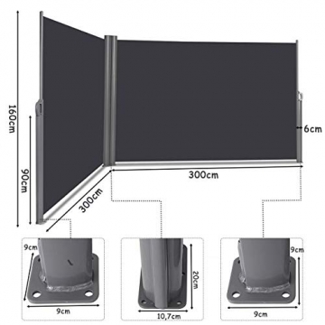 COSTWAY Doppelseitenmarkise ausziehbar, Seitenmarkise Markise Seitenwandmarkise Sichtschutz Sonnenschutz Windschutz für Garten, Veranda und Terrasse (160x600cm, Grau) - 4