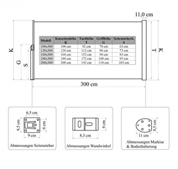 vanvilla Seitenmarkise Sichtschutz Sonnenschutz Windschutz Markise Boden- und Wandmontage Grau/Anthrazit 180x300 cm - 3